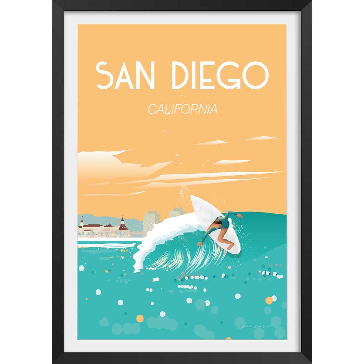 Affiche ville voyage San Diego California Affiche + cadre en bois - Noir