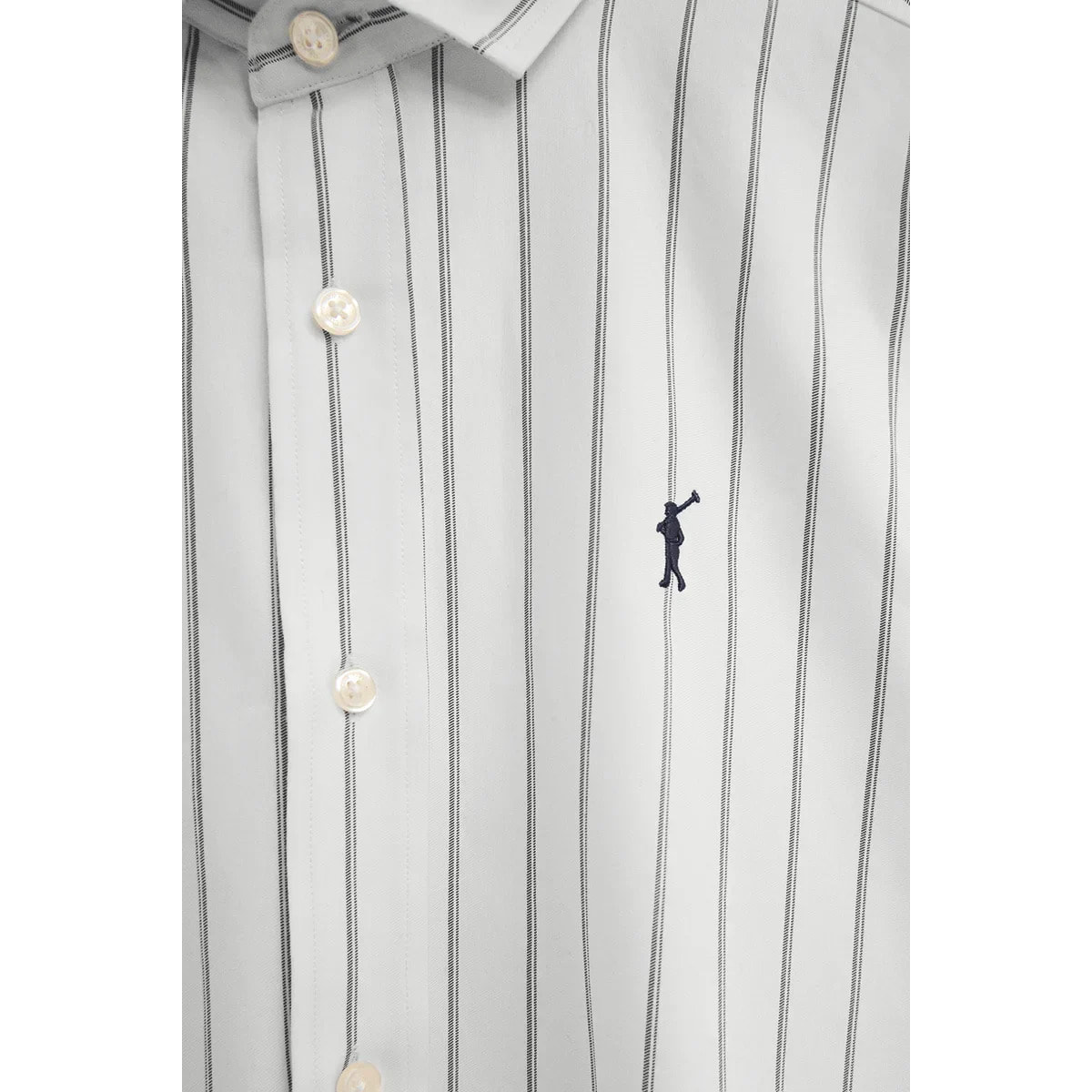 Camicia a righe ecrù e blu marino con collo italiano, regular fit con ricamo Rigby Go