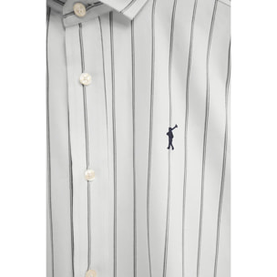 Camicia a righe ecrù e blu marino con collo italiano, regular fit con ricamo Rigby Go