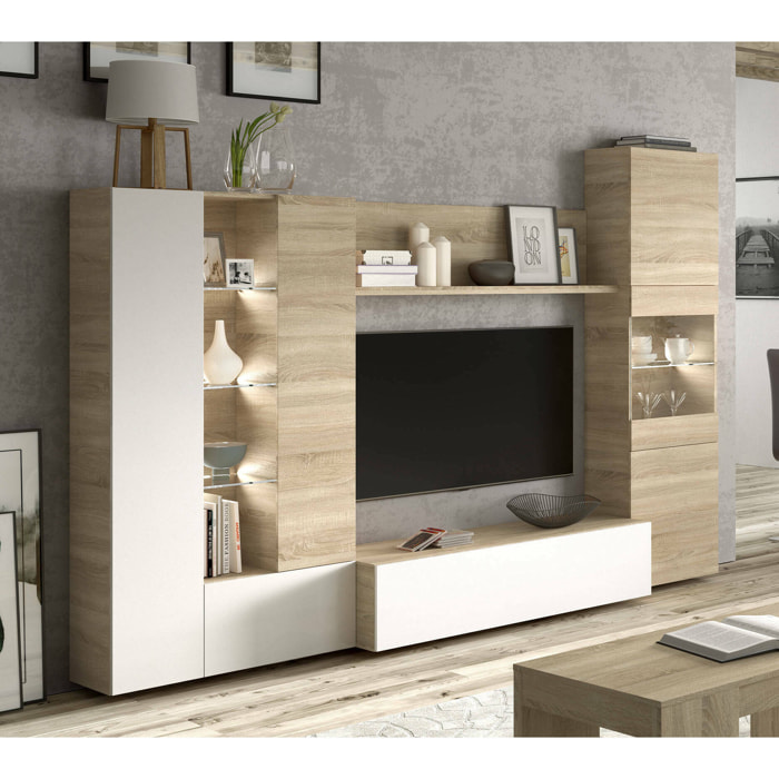 Parete attrezzata Angioletto, Mobile da soggiorno porta TV modulare, Composizione salotto con pensili e vetrine e luce led, 260x42h185 cm, Rovere e Bianco
