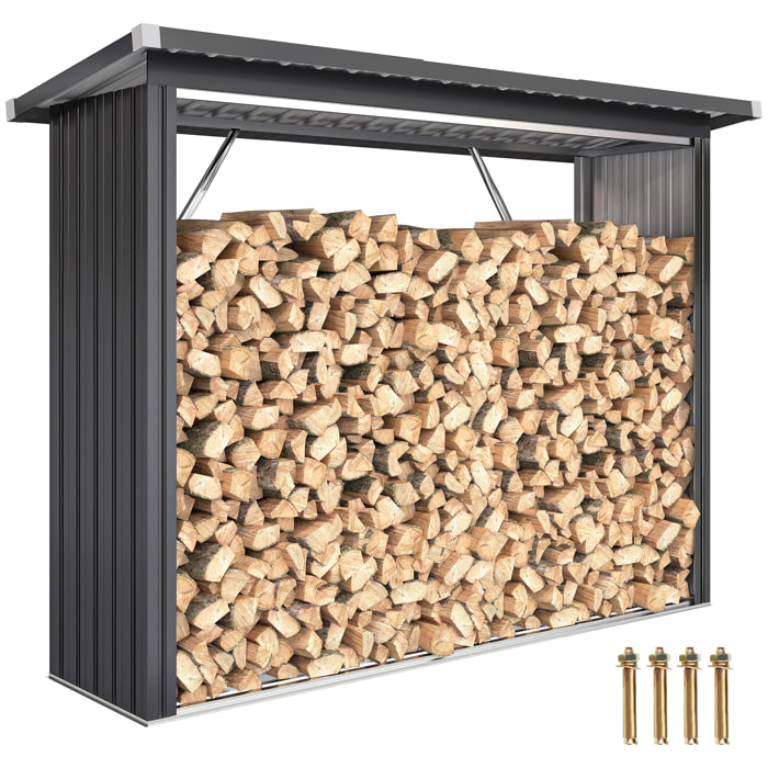 Casetilla para Leña de Acero Galvanizado, Cobertizo Leñero Exterior de Almacenamiento de Troncos, con Base Elevada y Techo Inclinado, 213x66,5x150 cm, Gris Oscuro
