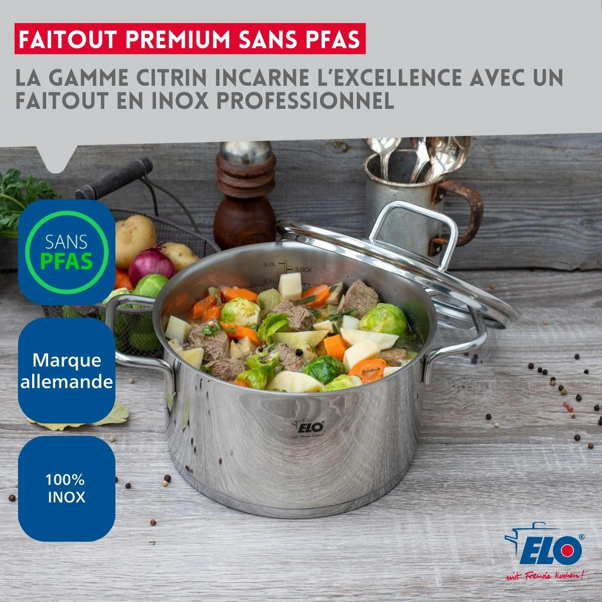 Set de 3 faitouts en inox 16 cm 20 cm et 26 cm Elo Citrin