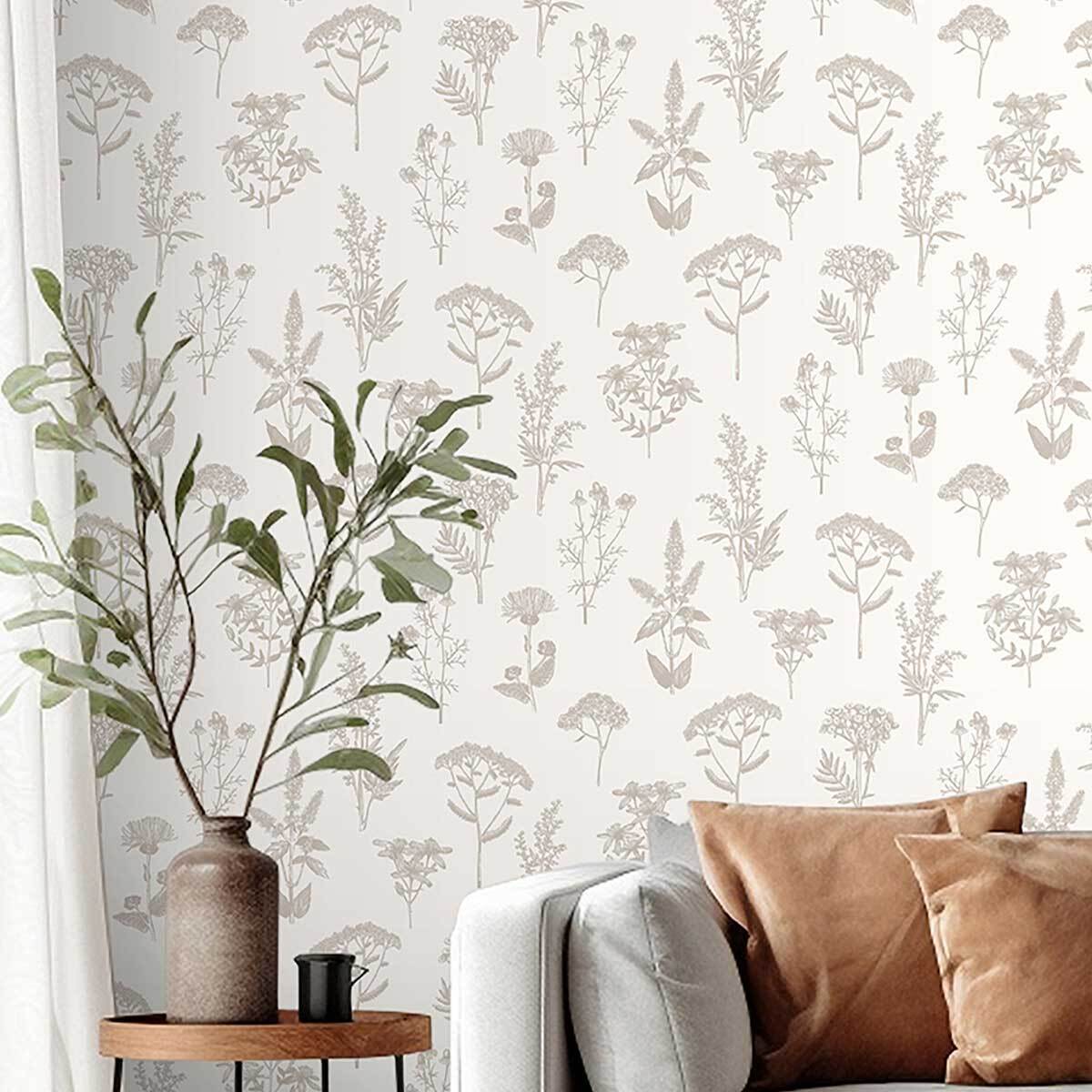 Papier peint herbier fleurs lin naturel