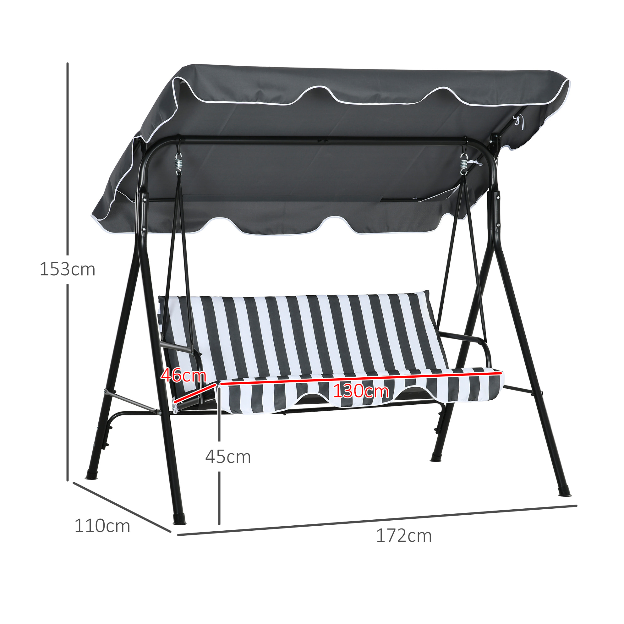 Columpio de Jardín Exterior de 3 Plazas, Balancín de Jardín Exterior con Techo Ajustable y Marco de Acero, para Balcón, Terraza, Patio, Carga 240 kg, 172x110x153 cm, Gris y Blanco