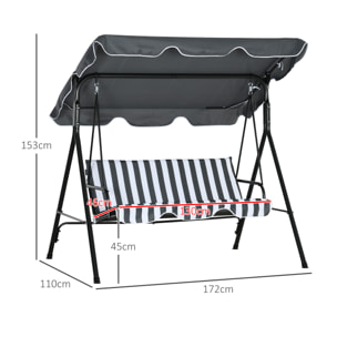 Columpio de Jardín Exterior de 3 Plazas, Balancín de Jardín Exterior con Techo Ajustable y Marco de Acero, para Balcón, Terraza, Patio, Carga 240 kg, 172x110x153 cm, Gris y Blanco