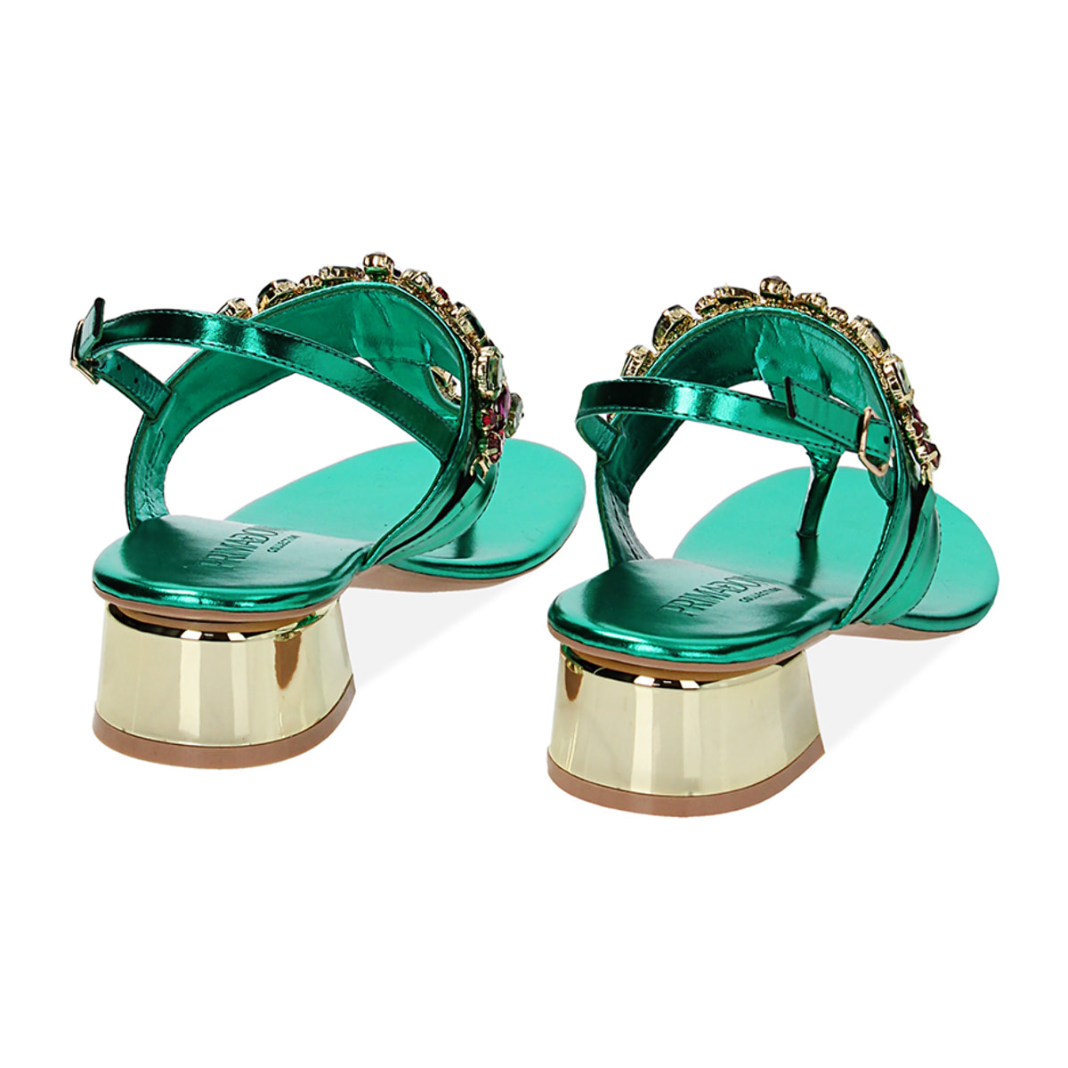 Sandali verdi in laminato con pietre, tacco 4 cm