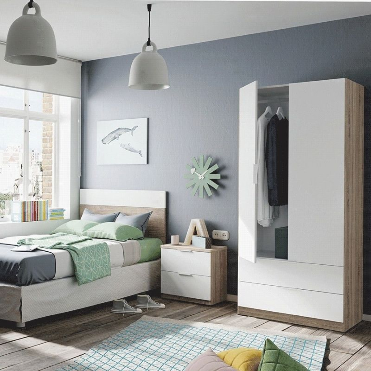 Armario de 2 puertas y 2 cajones en blanco artik y roble canadian 81,5x180 cm Low Cost Blanco Artik (Blanco Mate) - Roble Canadian