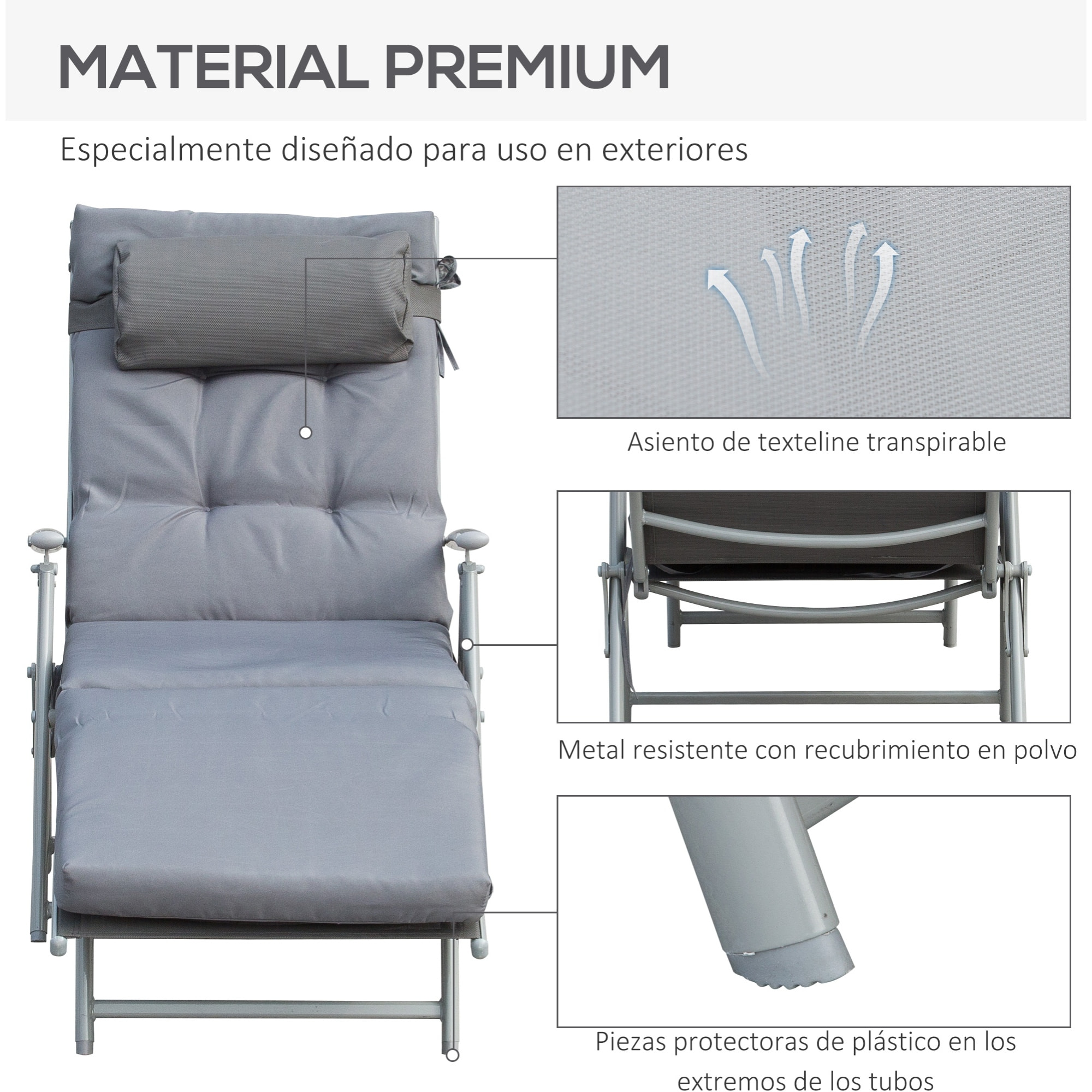 Tumbona Plegable Tumbona de Jardín con Respaldo Ajustable en 7 Posiciones con Cojín Cuerpo Entero y Cabeza para Terraza Piscina Carga 165 kg 137x63,5x100,5 cm Gris