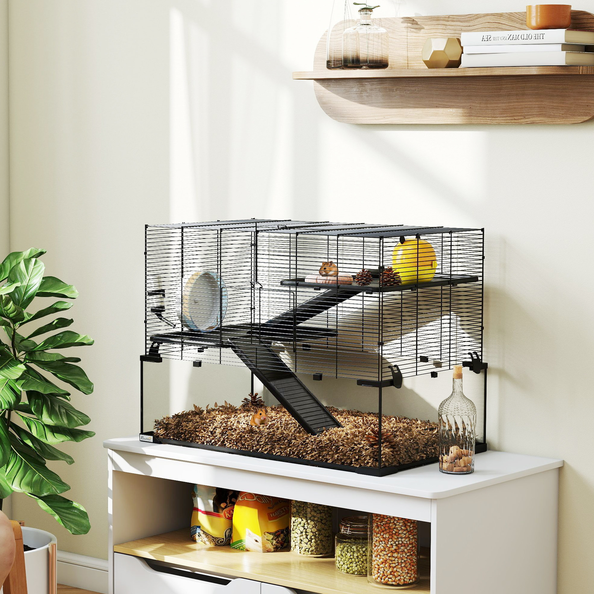 Cage hamster rongeur 3 niveaux 76 x 48 x 54 cm - roue, rampes, maisonnette, abreuvoir, mangeoire - noir