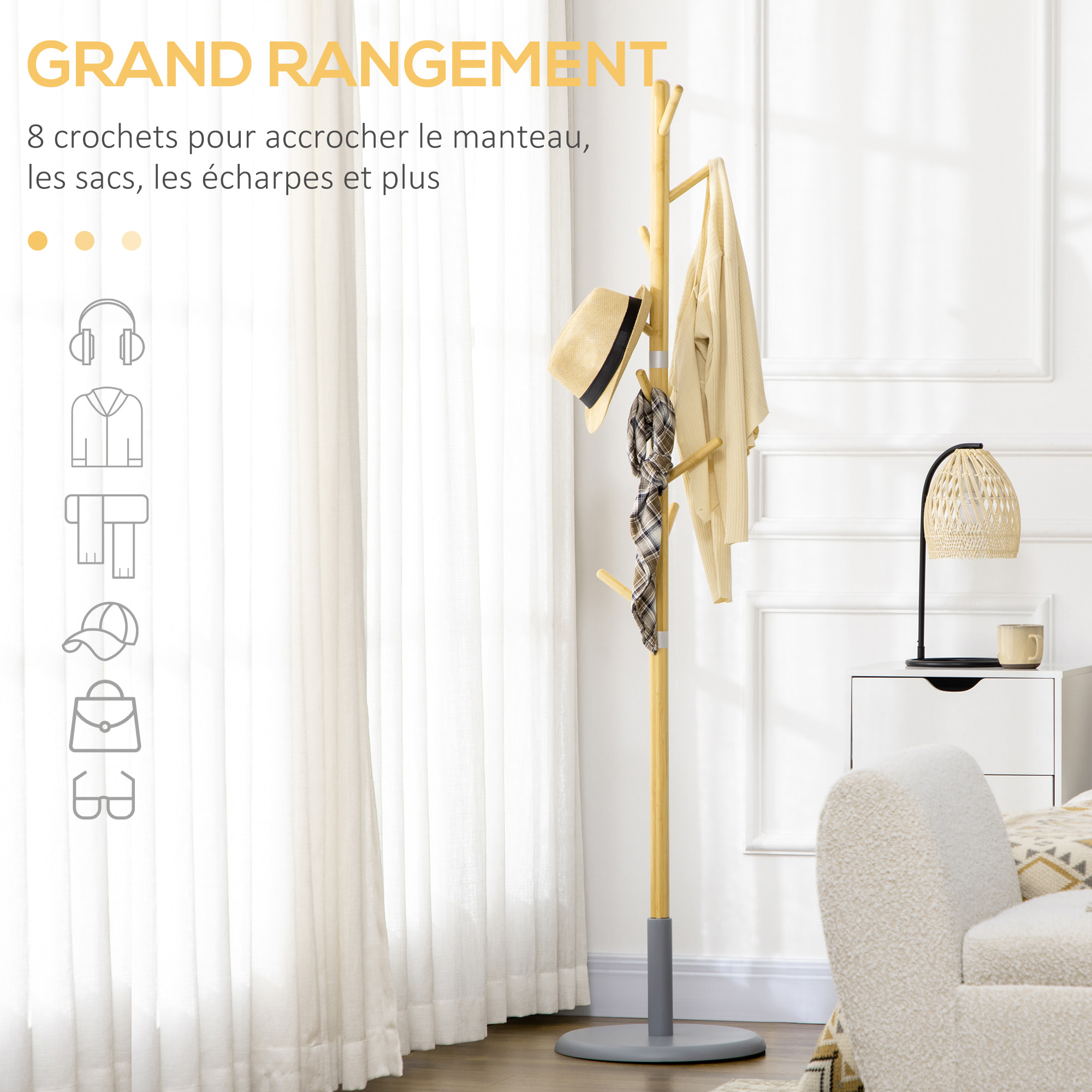 Porte-manteau design scandinave branches 8 patères Ø 37,8 x 175,6H cm piètement métal gris bois bambou verni