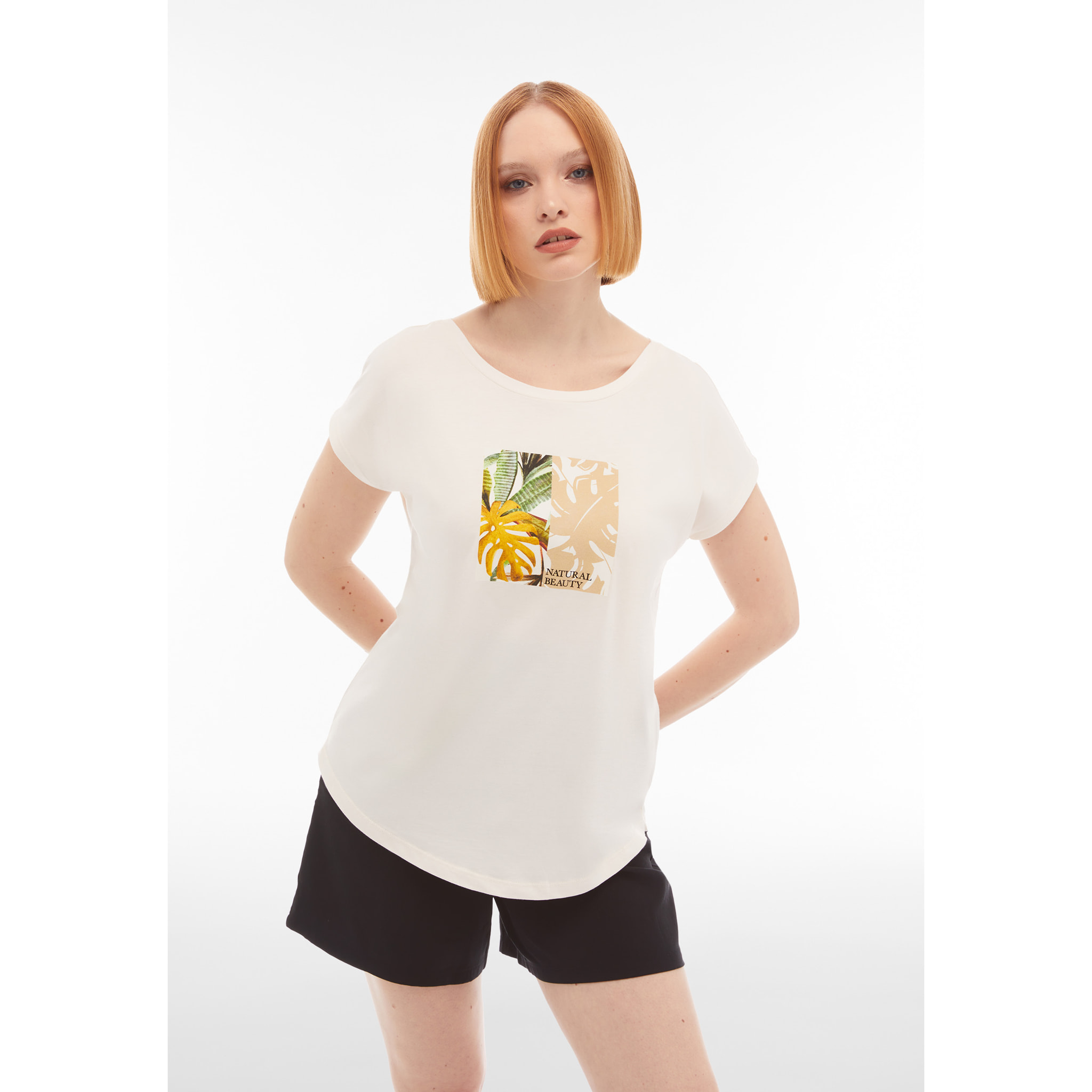 T-shirt donna in jersey modal con grafica tropical centrale