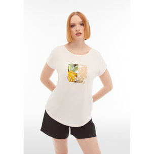 T-shirt donna in jersey modal con grafica tropical centrale