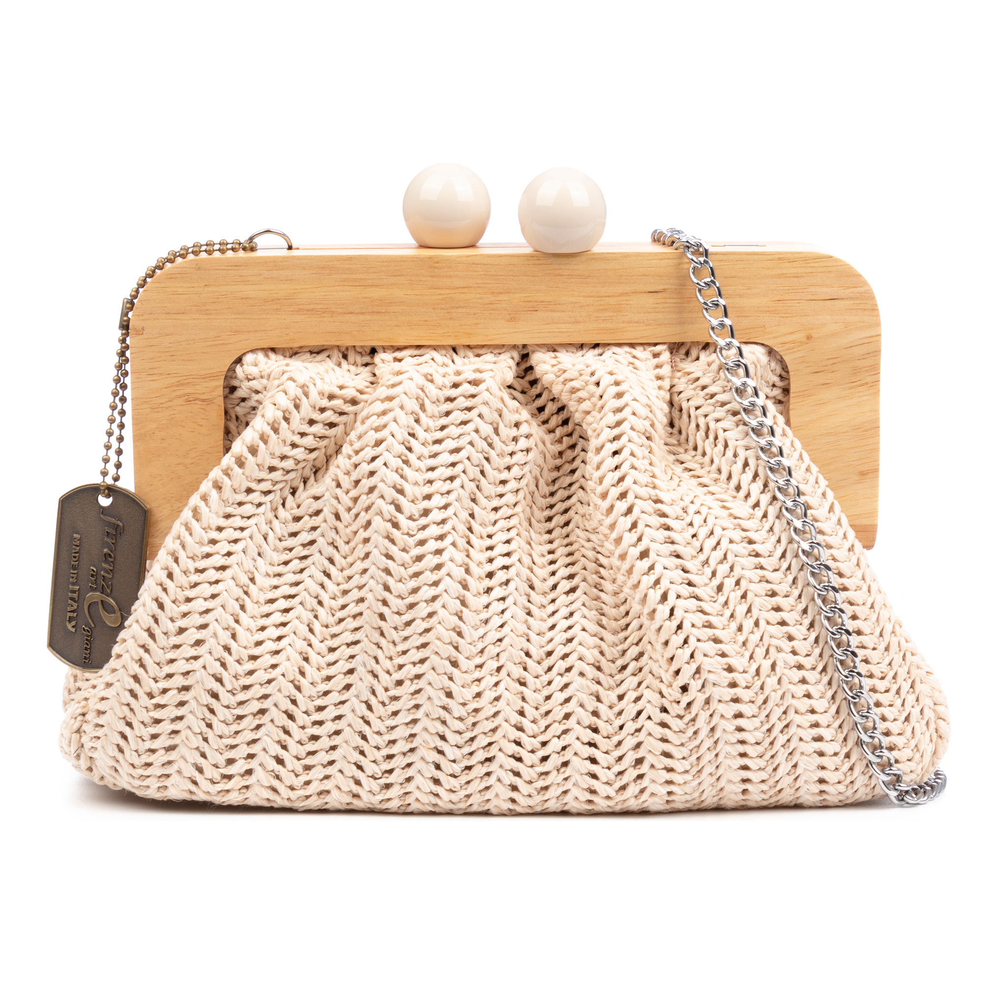 BeneLario Bolso bandolera Mujer. Tela con detalles de madera natural y piel sintética.