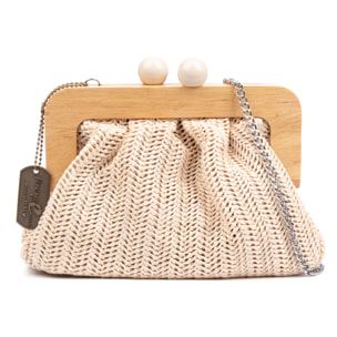 BeneLario Bolso bandolera Mujer. Tela con detalles de madera natural y piel sintética.