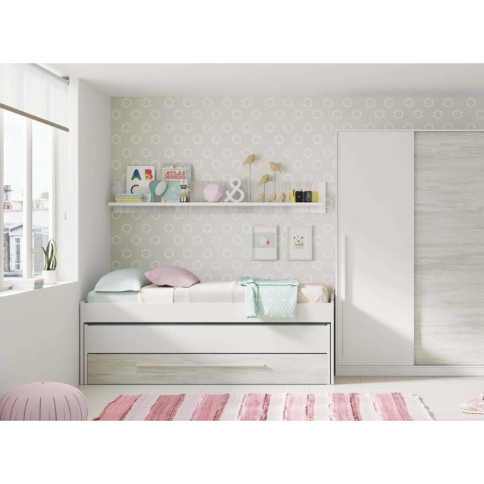 Letto per bambini Art, Struttura letto per cameretta, Letto singolo con lettino estraibile, cassettone e mensola, 199x96h65 cm, Bianco
