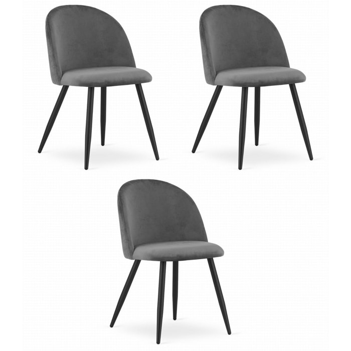 Set di 3 Sedie Bello in Velluto Grigio Scuro e Metallo Nero