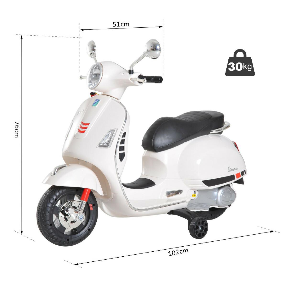 Scooter moto électrique enfants 6 V dim. 102L x 51l x 76H cm musique MP3 port USB klaxon phare feu AR blanc Vespa