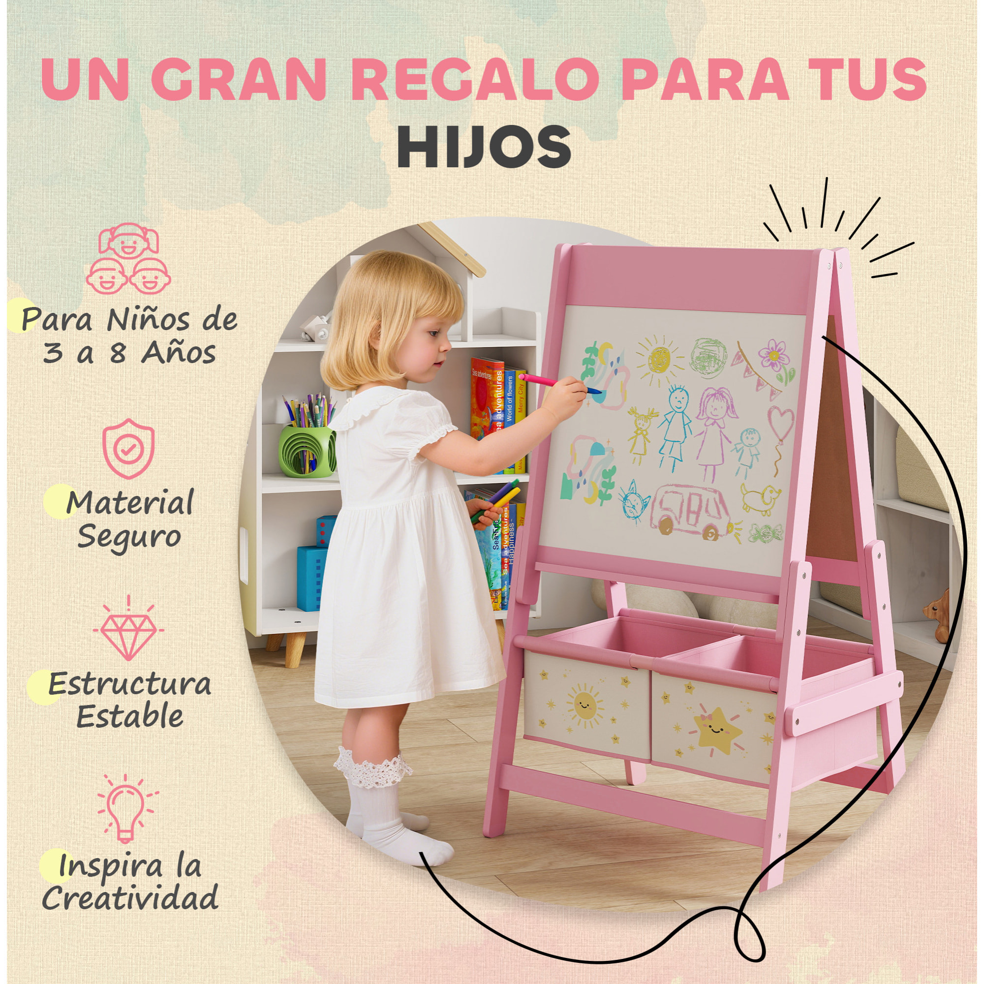 Pizarra Infantil Caballete 3 en 1 Pizarra Infantil de Doble Cara Caballete de Pintura para Niños de +3 Años con Rollo de Papel y Cestas de Almacenamiento 54x46x94 cm Rosa