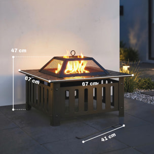 Brasero Exterior de Acero Cuadrado, 67x67x47 cm, Brasero Exterior Jardín con Atizador, Tapa de Malla, para Terraza, Camping, Fiesta, Negro