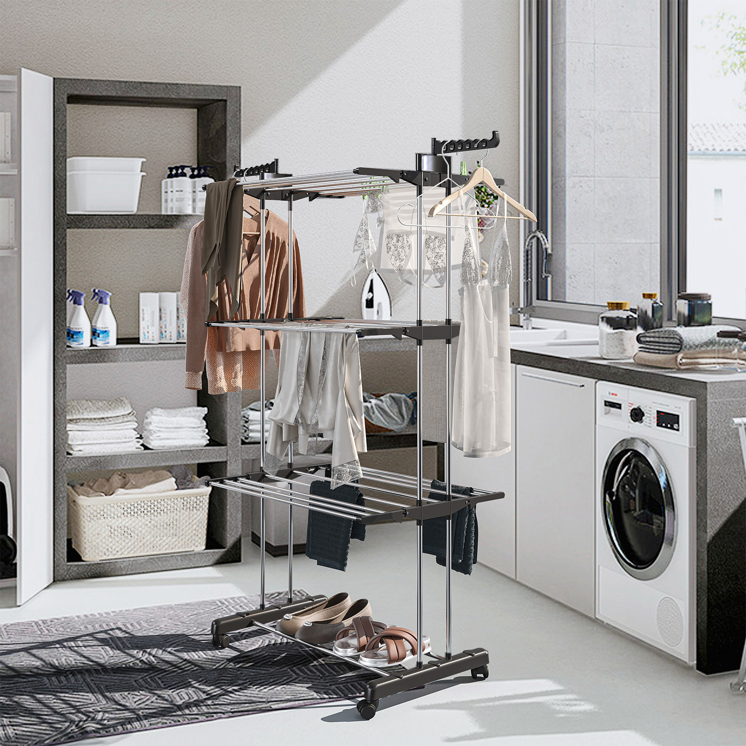 Stendibiancheria A Rotelle Stendino A Torre Verticale In Acciaio E ABS 4 Piani Pieghevole Salvaspazio Con Ali Richiudibile Biancheria Interno Nero