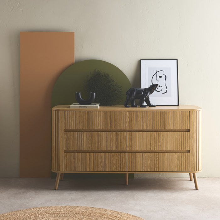 Commode 6 tiroirs. décor strié naturel. L 150 x P 45  H 80cm