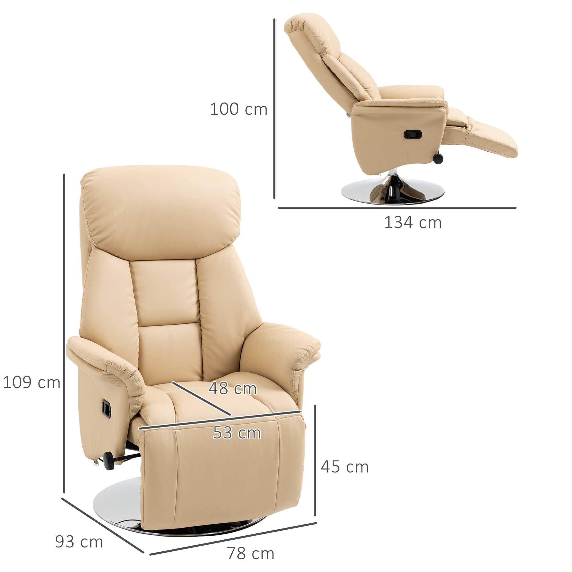 Fauteuil relax inclinable repose-pied réglable pivotant 360° piètement métal chromé revêtement synthétique beige