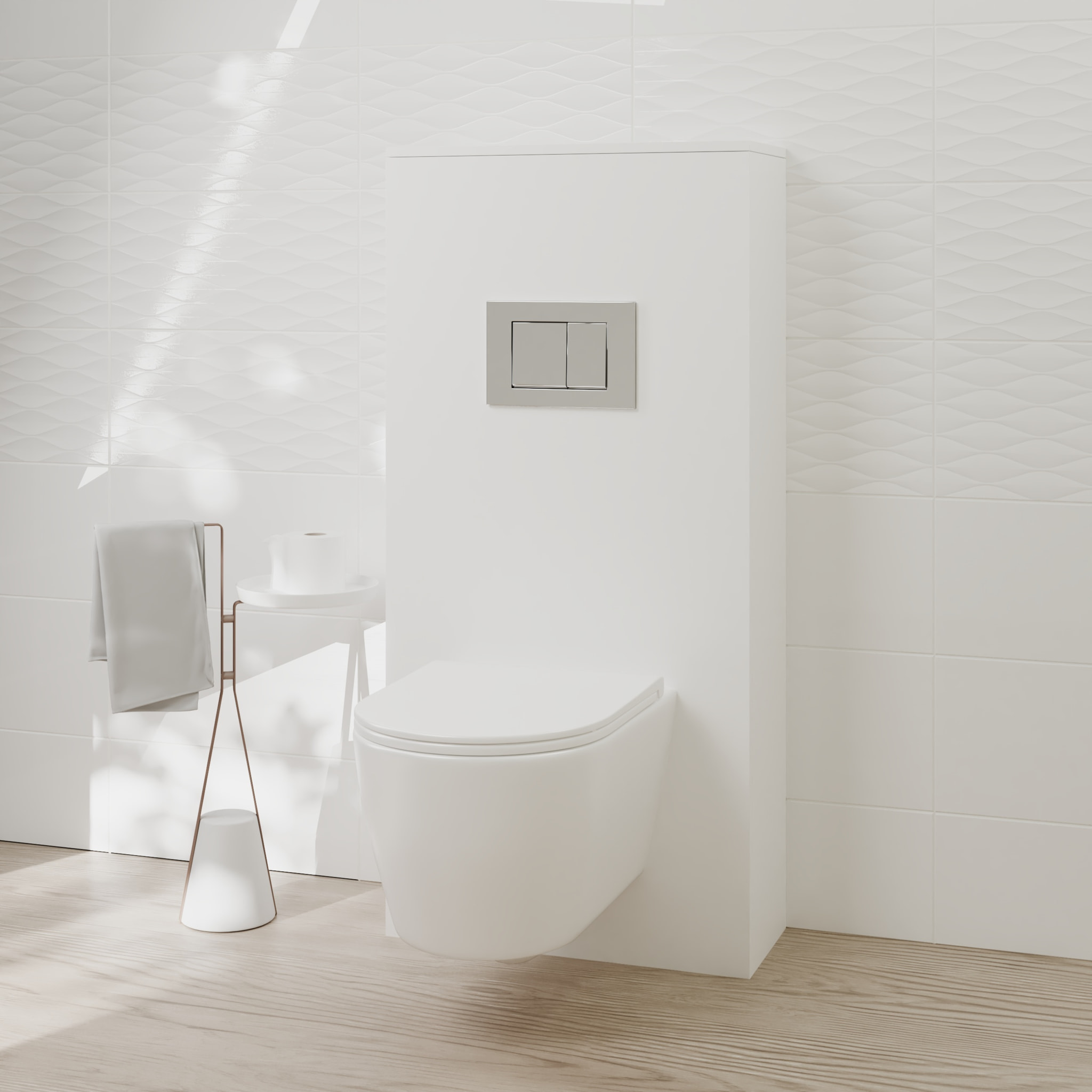 Pack Wc Suspendu + Châssis + Boîtier de Support Blanc | Toilette Blanc Mat | Bouton Chrome | Réservoir Encastré | Couvercle Amorti | Alday