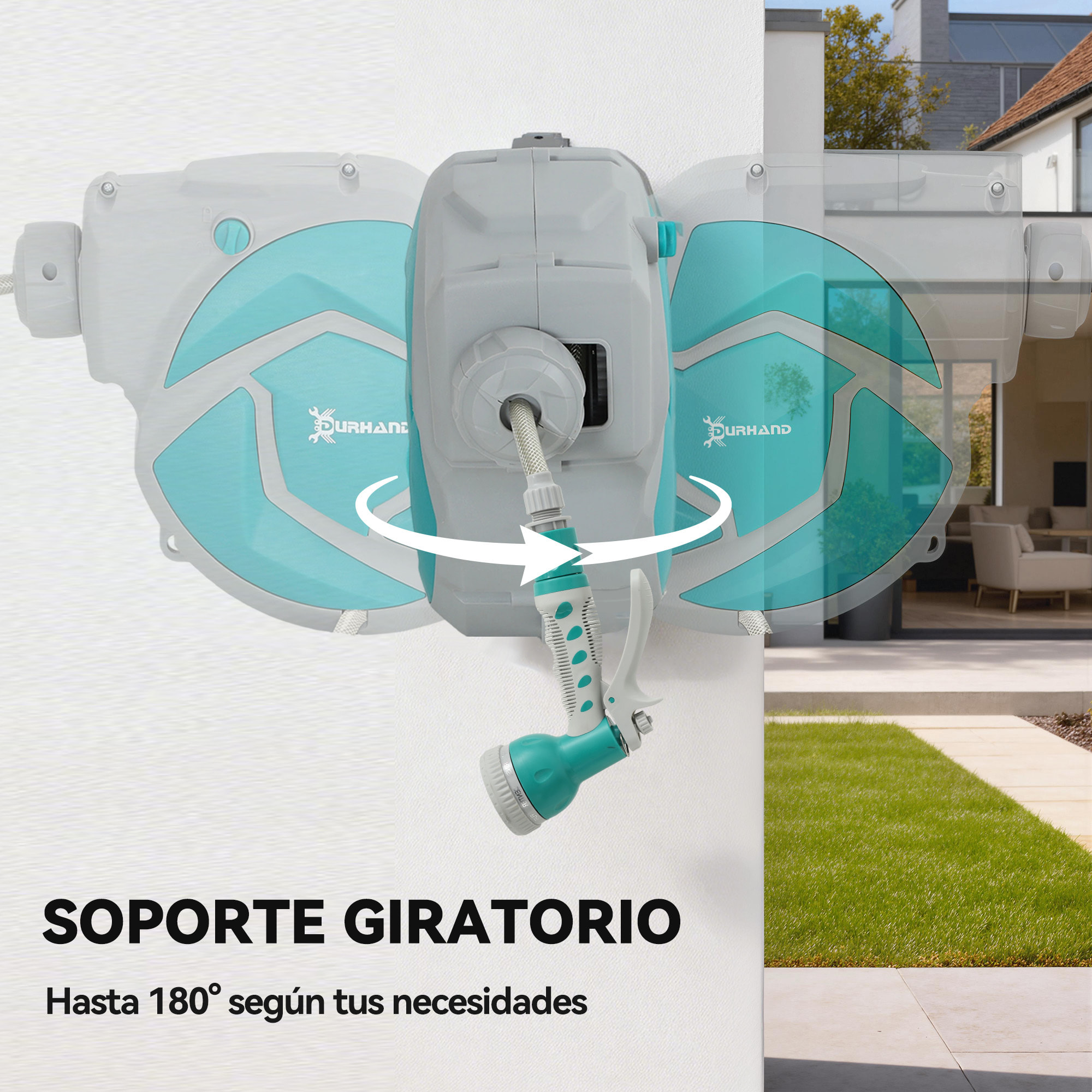 Enrollador de Manguera para Jardín 10+1 m con Boquilla de 7 Funciones, Carrete de Manguera de Jardín de Pared, Giratorio 180°, con Retorno Enrollado Automático, Gris Claro y Verde
