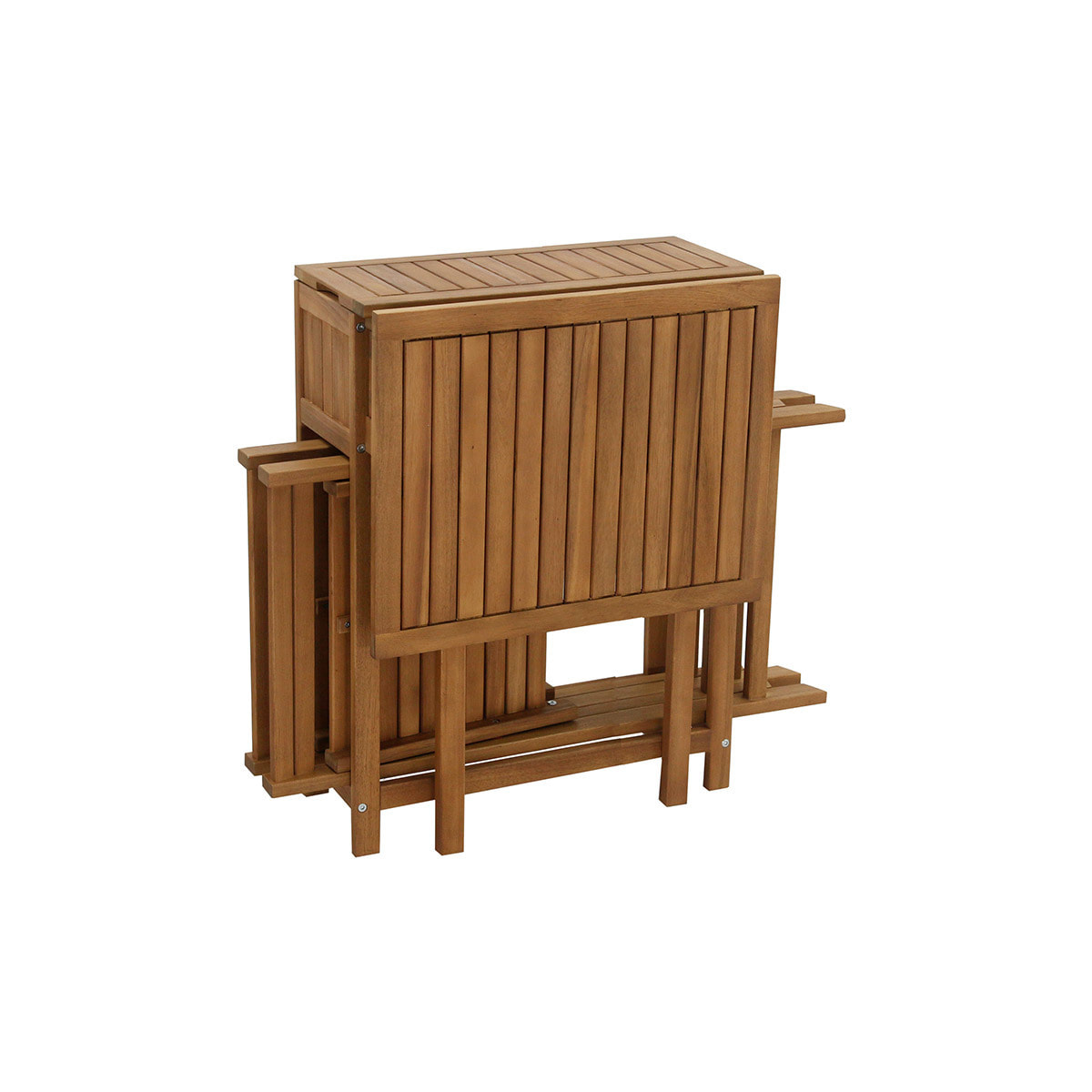 Set de 2 chaises pliantes et 1 table de balcon rabattable avec rangement en bois massif PRADO