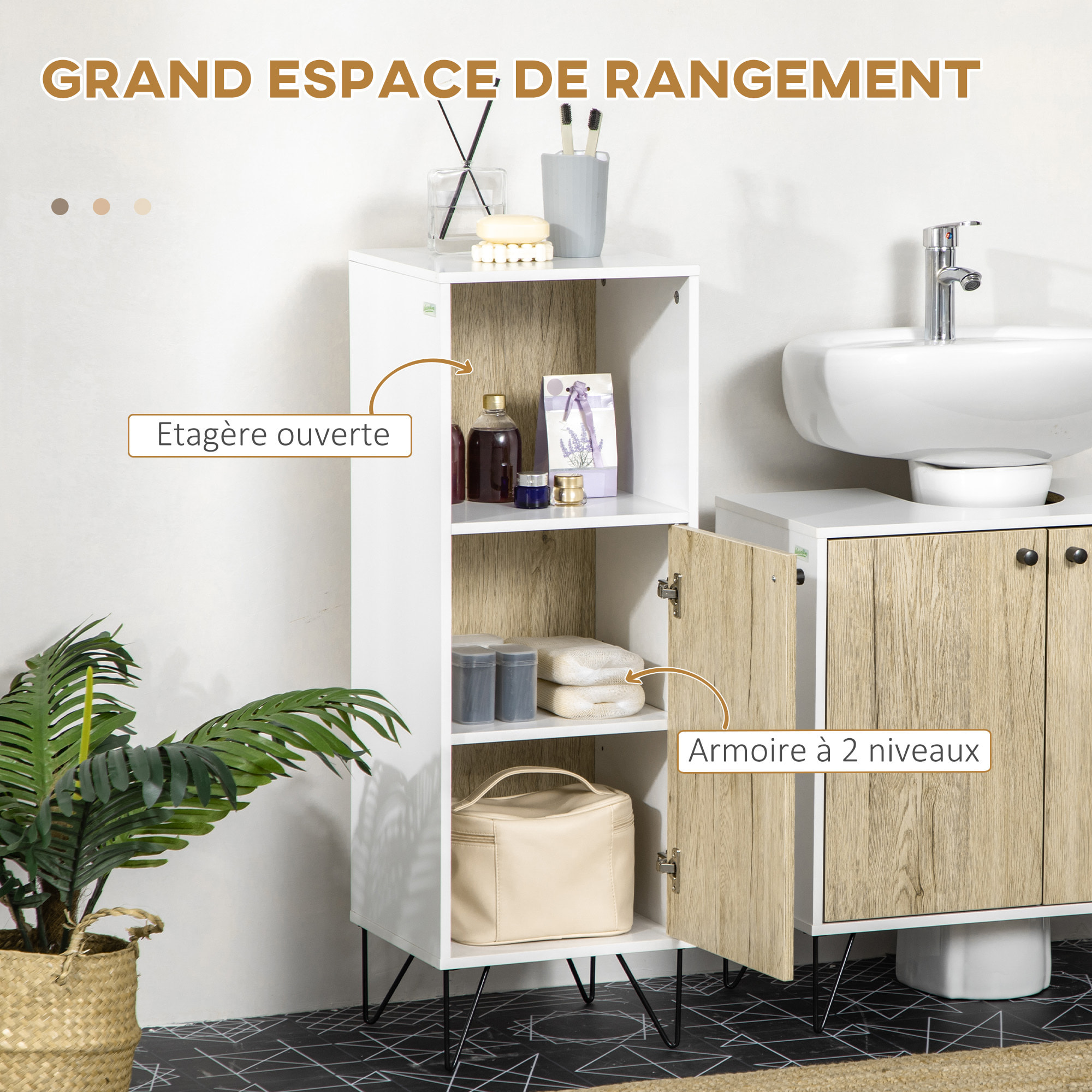 Meuble bas de salle de bain porte étagère niche piètement épingle acier noir panneaux blanc aspect bois clair