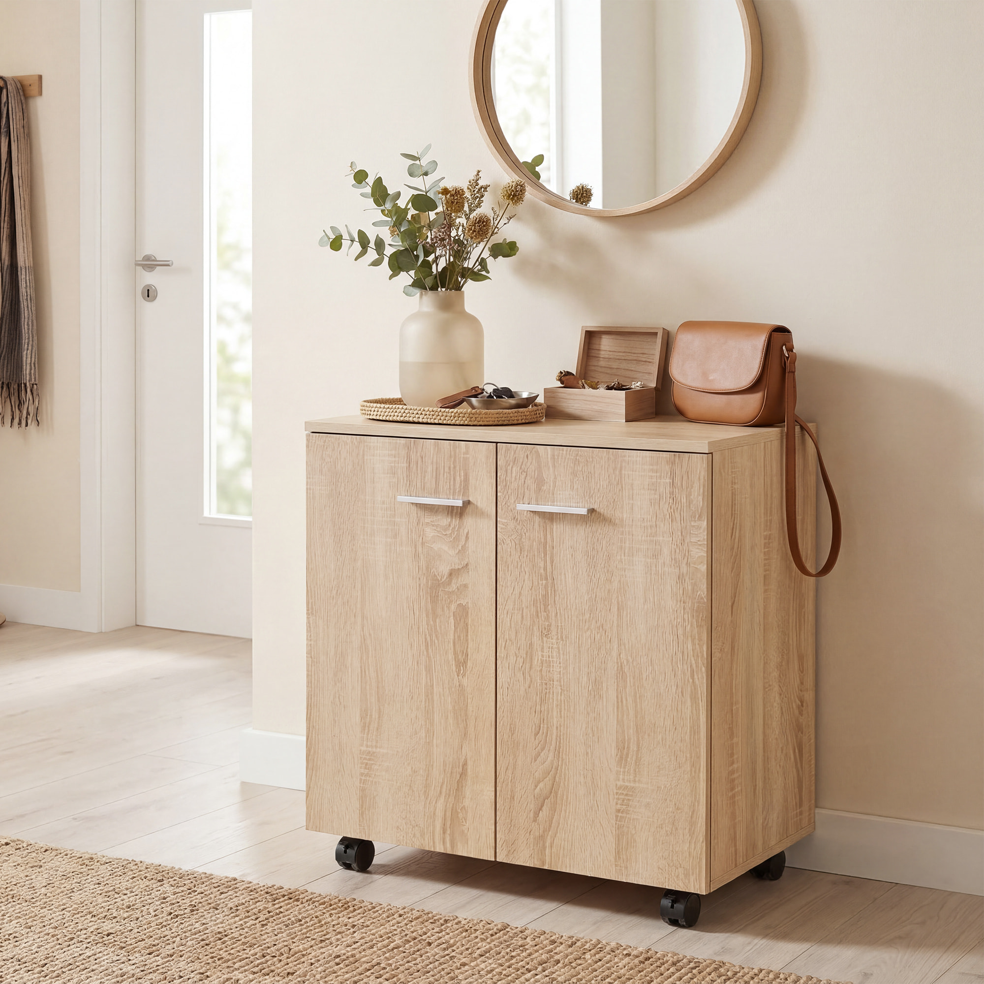 Aparador con Ruedas, Aparador de Salón con 2 Puertas y Estantes, para Sala de Estar, Dormitorio, Oficina, 60x35x65 cm, Natural