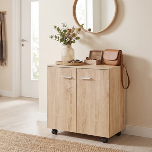 Aparador con Ruedas, Aparador de Salón con 2 Puertas y Estantes, para Sala de Estar, Dormitorio, Oficina, 60x35x65 cm, Natural