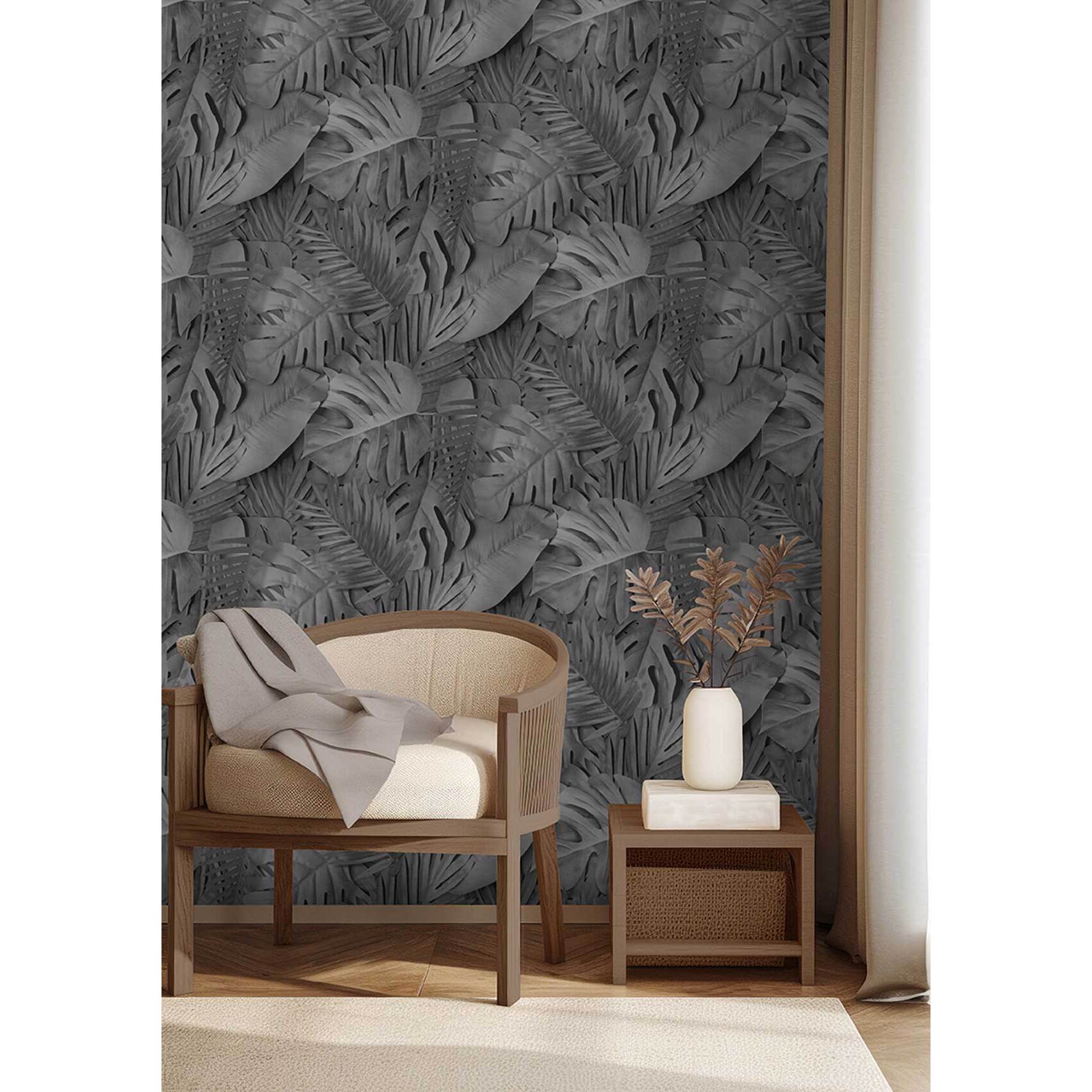 Papier peint feuillage tropical noir et blanc