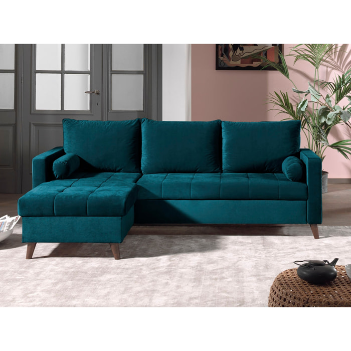 POLAR - Canapé d'angle réversible convertible - en velours au design scandinave - 4 places - Bleu canard