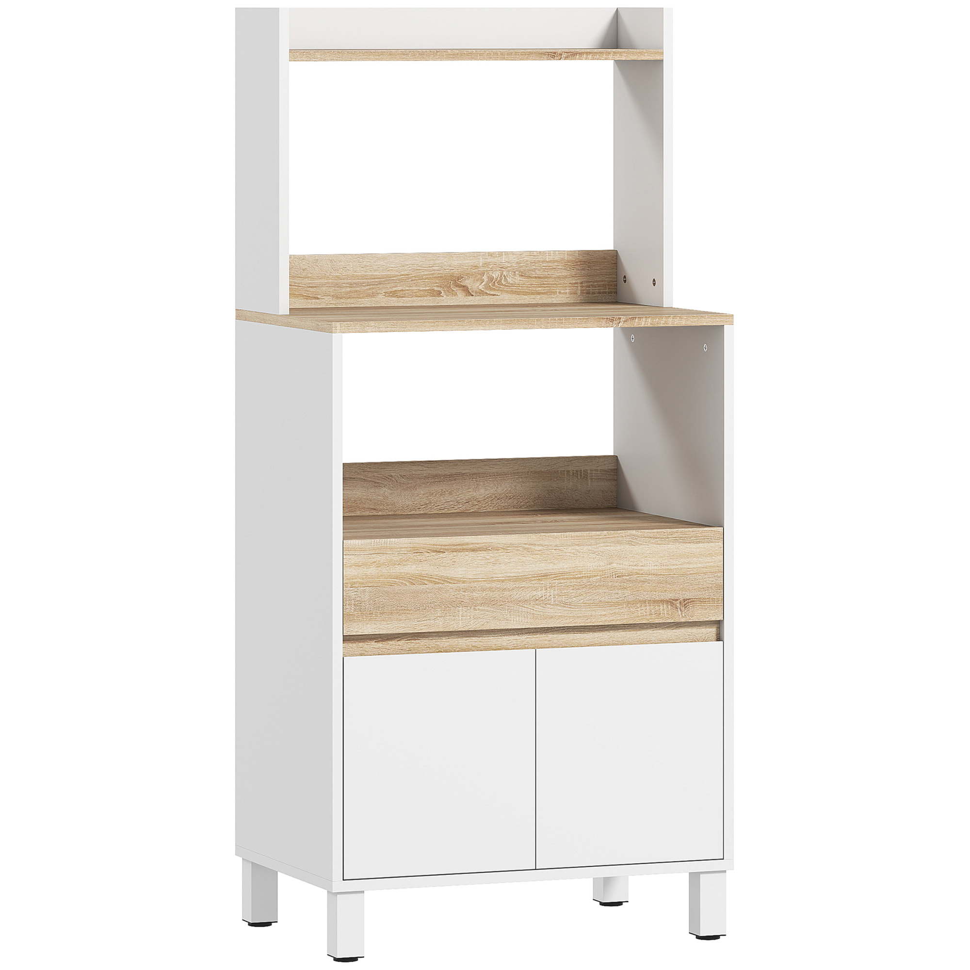 Rangement desserte de cuisine pour micro-ondes - 2 portes, 2 niches, tiroir, étagère - blanc naturel