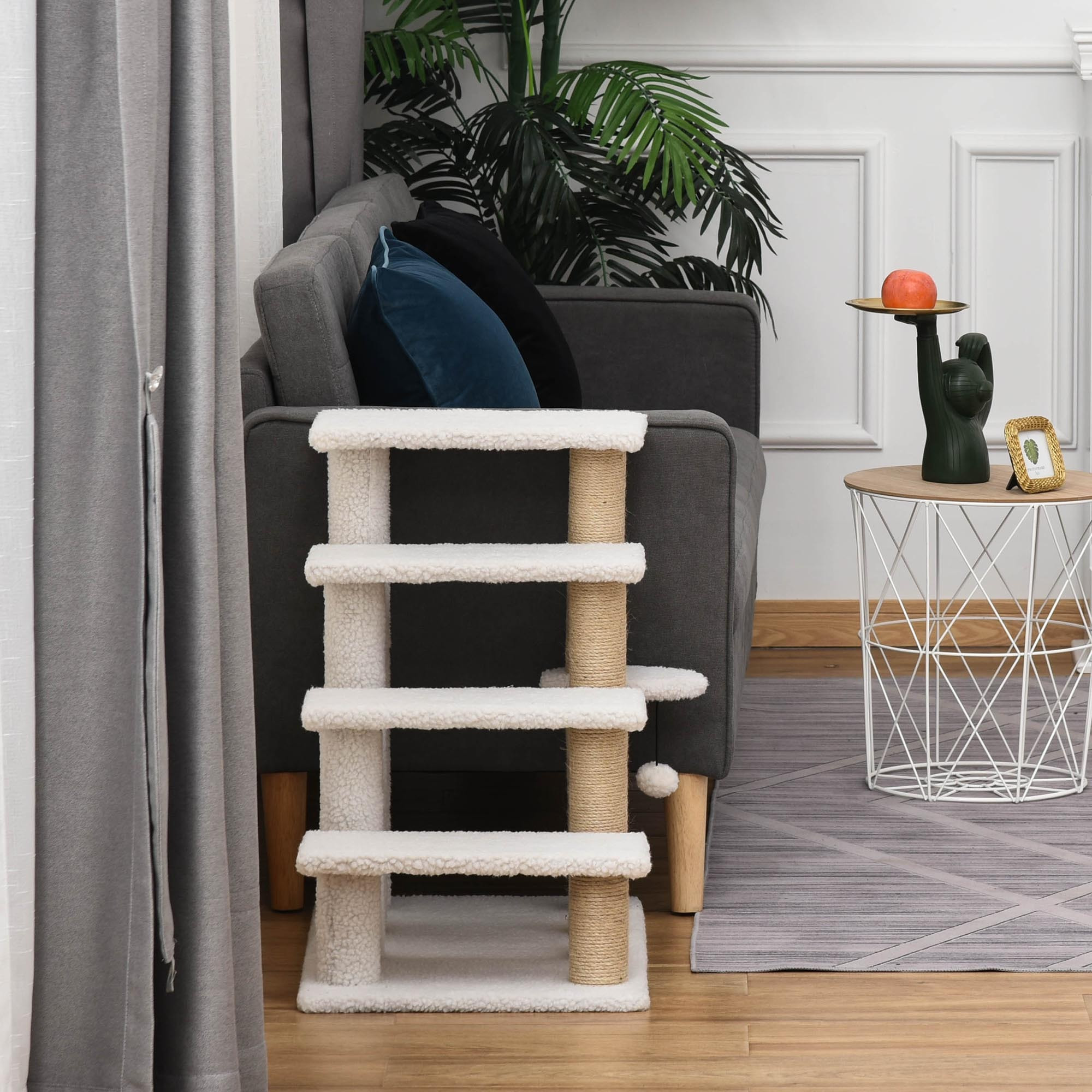 Escalera para Gatos de 4 Niveles, Escalera para Mascotas, Cubierto de Suave Felpa, Poste de Yute, Bola Colgante, Árbol Rascador para Gatos, 60x40x64 cm, Blanco