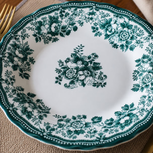 Lot de 6 assiettes plates 26cm fleuries en grès vert  FAUSTINE
