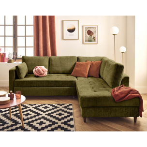 Anna - canapé d'angle droit 5 places convertible en velours texturé - Vert Olive