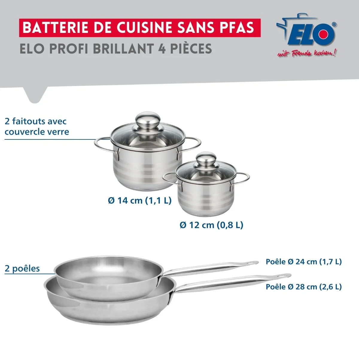 Ensemble de 2 Poêles de cuisson 24 et 28 cm et 2 faitouts 12 et 14 cm Elo Profi Brillant