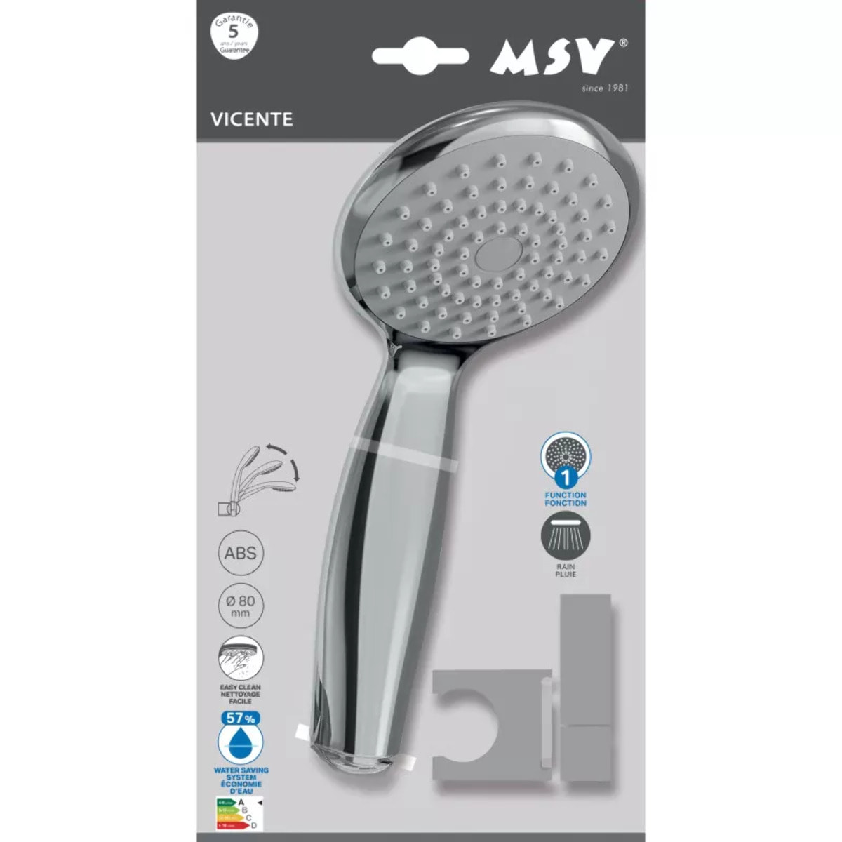 Pommeau de douche Vicente Chrome Ø 80 mm avec support mural et flexible 150 cm