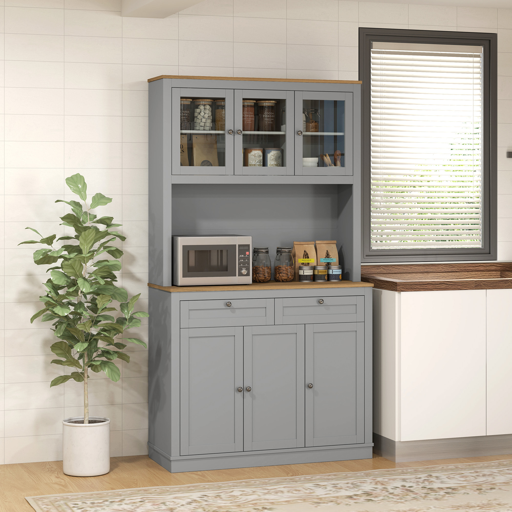 Alacena de Cocina, Mueble Auxiliar de Cocina, con 3 Puertas de Vidrio, Encimera Abierta para Microondas, 2 Cajones y Estantes Ajustables, 100x40x180 cm, Gris