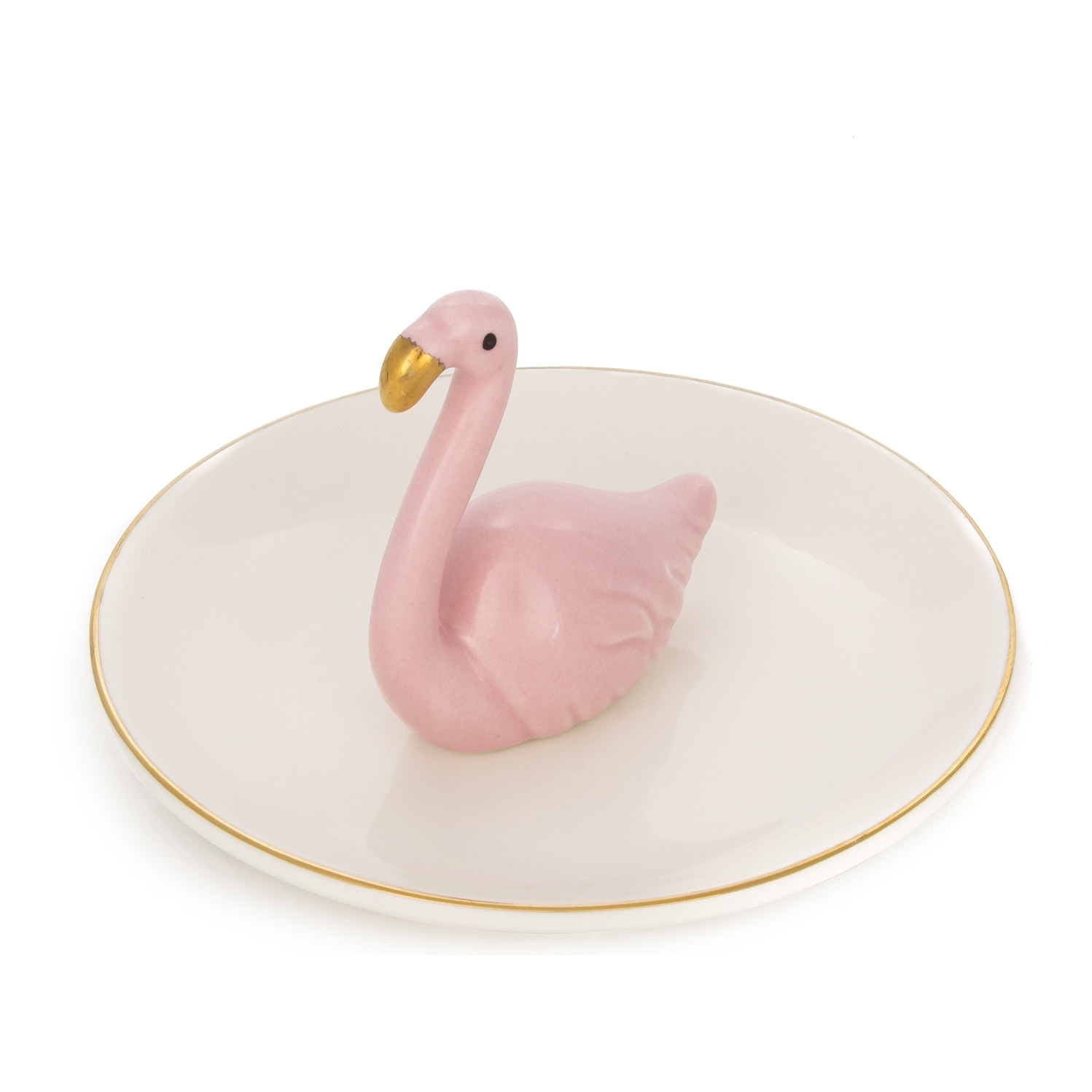 DAM  Figura decorativa in porcellana fenicottero su piatto 12x12x6,5 Cm. Colore rosa