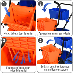 HOMCOM Chariot de lavage chariot de nettoyage professionnel presse à mâchoire 2 seaux + rangement orange bleu