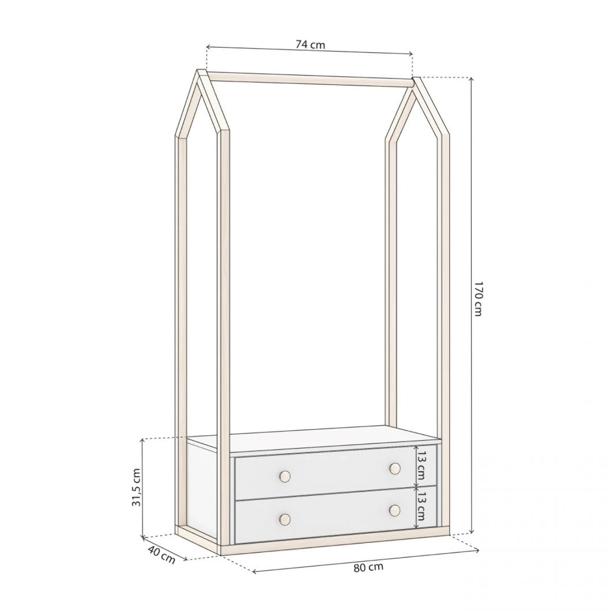 Perchero juvenil con 2 cajones en blanco y oak soft 80x170 cm Misty Breeze Blanco - Oak Soft