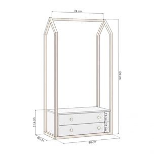Perchero juvenil con 2 cajones en blanco y oak soft 80x170 cm Misty Breeze Blanco - Oak Soft
