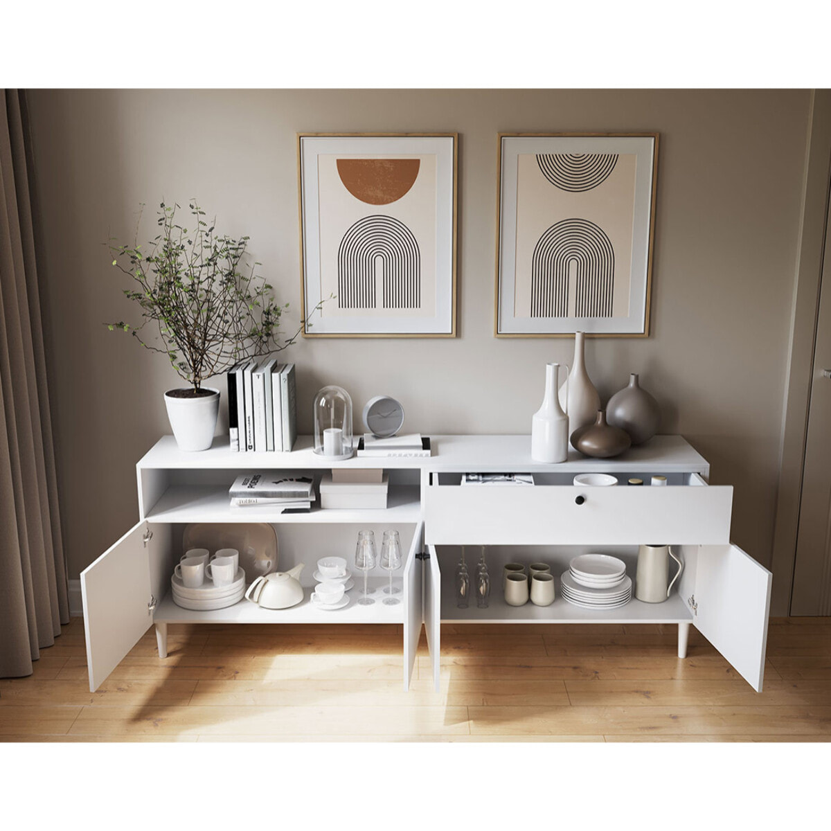 Gaby - buffet bas - blanc - 4 portes, 1 porte et 1 niche - 200 cm - Blanc