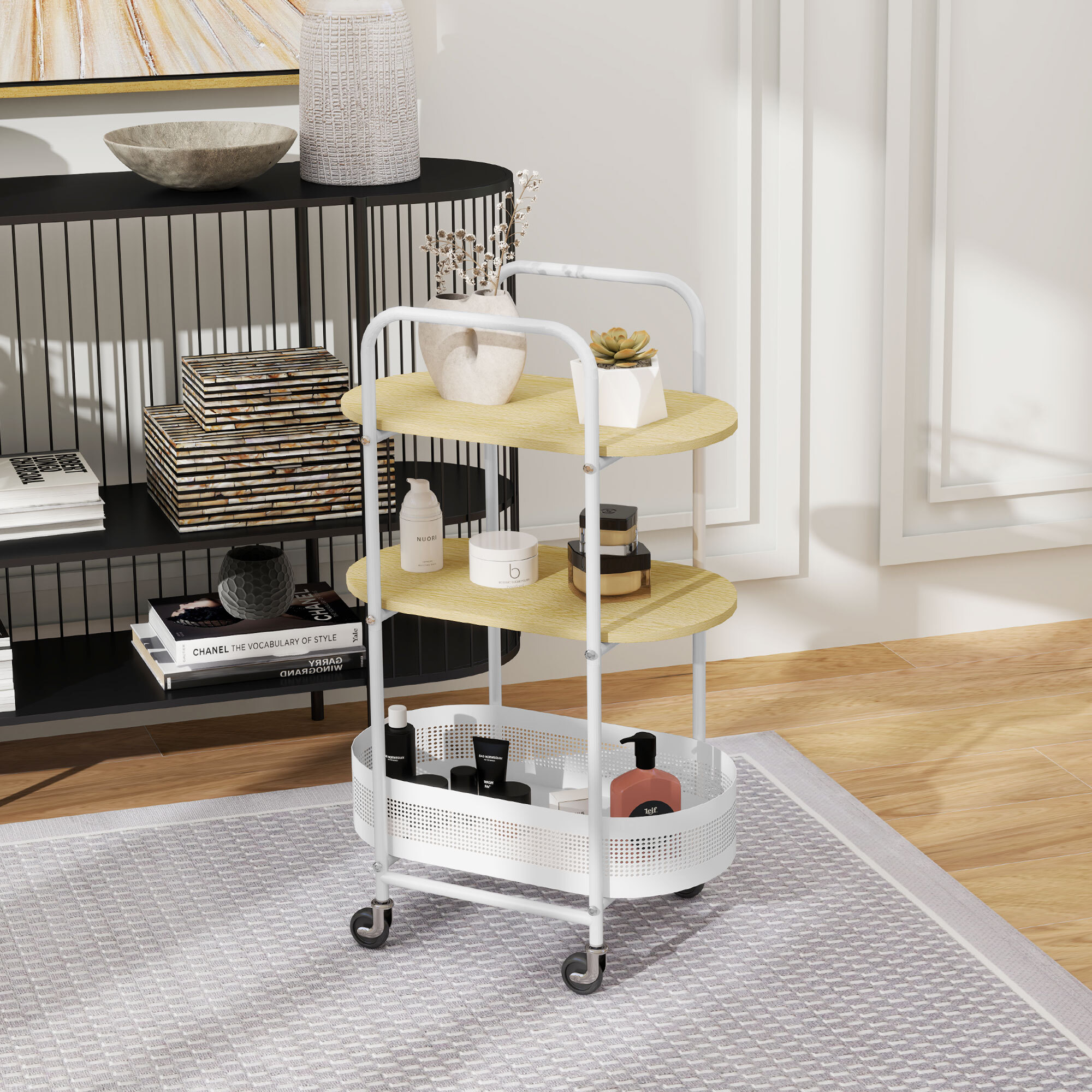 Carrito Auxiliar con Ruedas Carrito de Cocina de 3 Niveles Carro de Almacenamiento con Cesta y Estantes Carga 30 kg para Comedor Salón Dormitorio 49,5x32,5x82,5 cm Blanco y Madera Natural