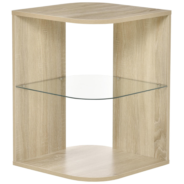 HOMCOM Mesita Auxiliar de Salón Moderna Mesilla de Noche con 3 Estantes Tablero de Cristal Mesita de Café para Sala de Estar Dormitorio 40x40x56 cm Madera Natural