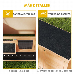 Conejera de Madera, Jaula para Conejos con Techo Asfáltico Abatible, Puertas con Pestillo, Bandejas Extraíbles y Comedero, Conejera para Exterior, 112x50x54 cm, Amarillo