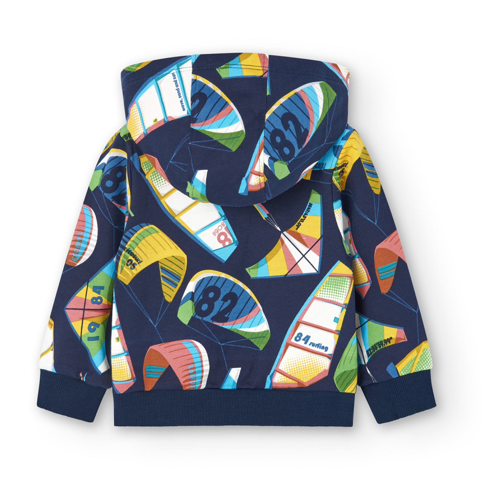 Chaqueta felpa niÃ±o, estampado, capucha desmontable, azul